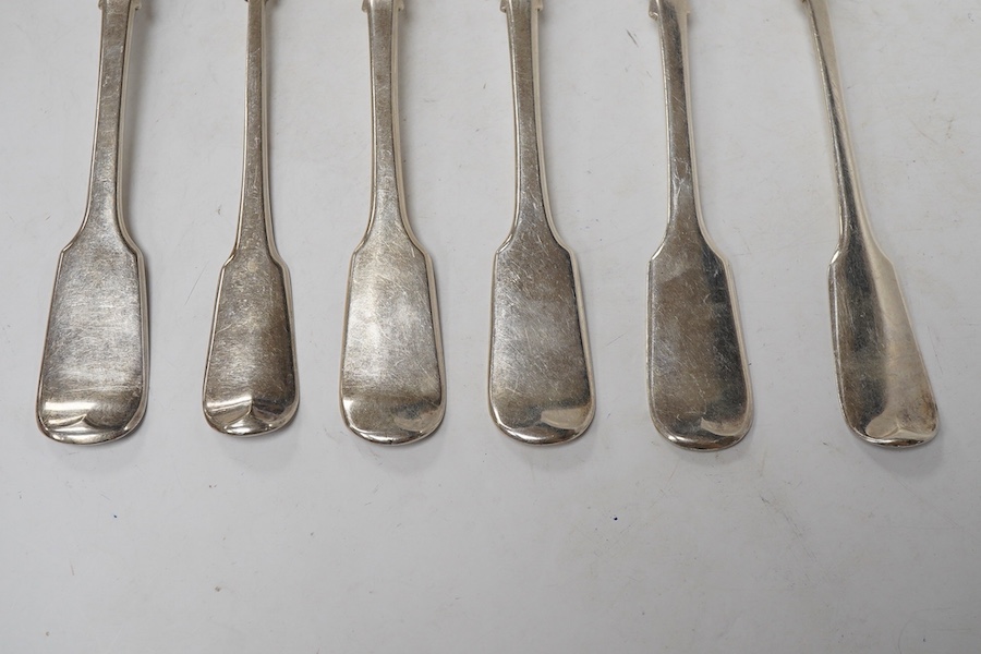 Six George III and early Victorian matched fiddle pattern table forks, of which four London, 1838, Samuel Hayne & Dudley Cater, 20cm, crested, 13.8oz.